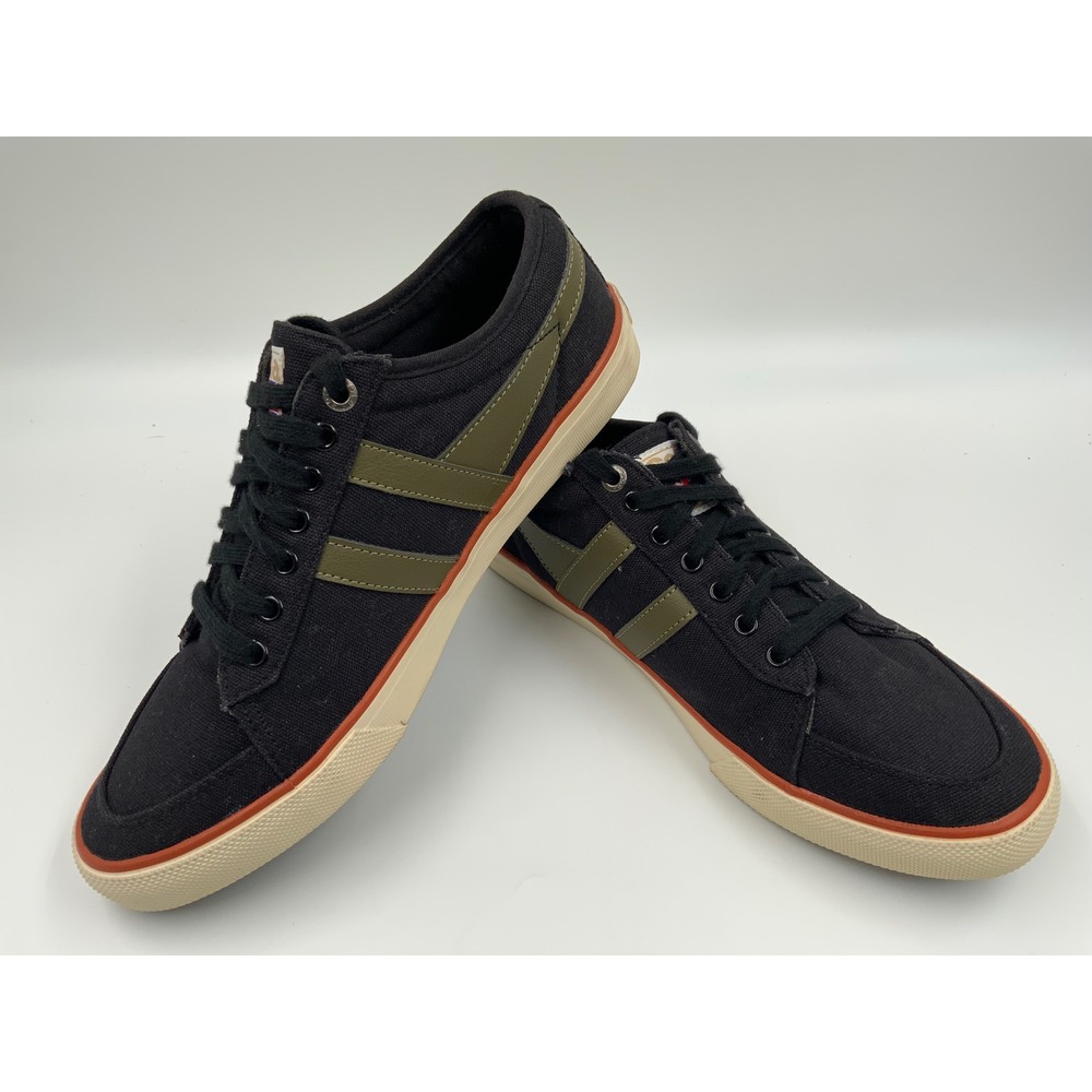 Gola Mens Black Canvas Low Top‎ Sneakers Olive Green Stripes Orange Trim Shoes